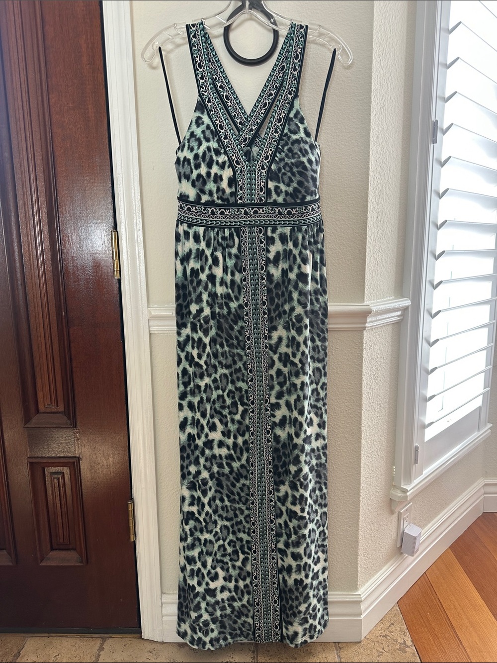 INC Sleeveless Green Leopard Print Maxi Dress with Embroidered Trim women’s sz M